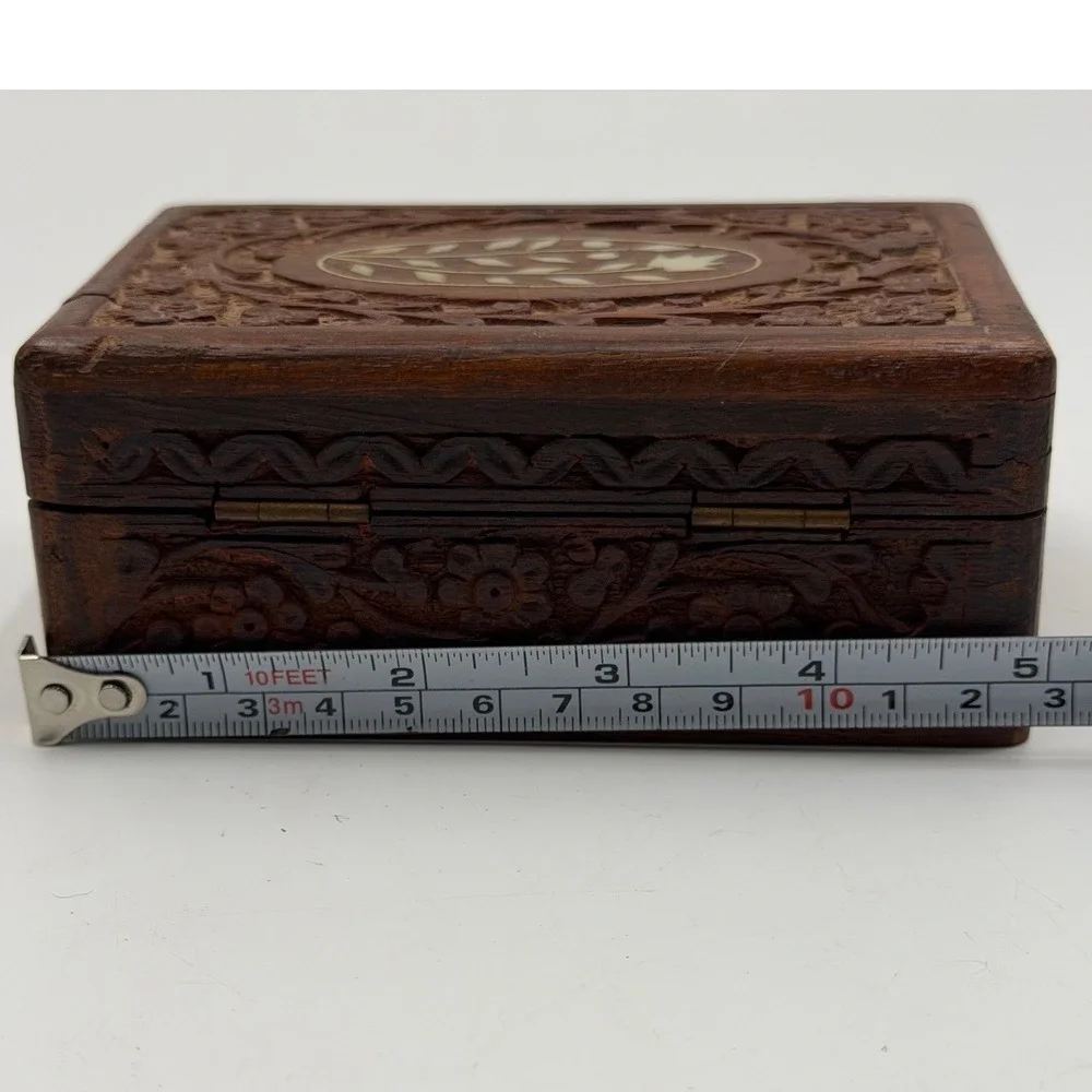 Vintage Hand Carved Wood Trinket Jewelry Needle Storage Box Faux Inlay